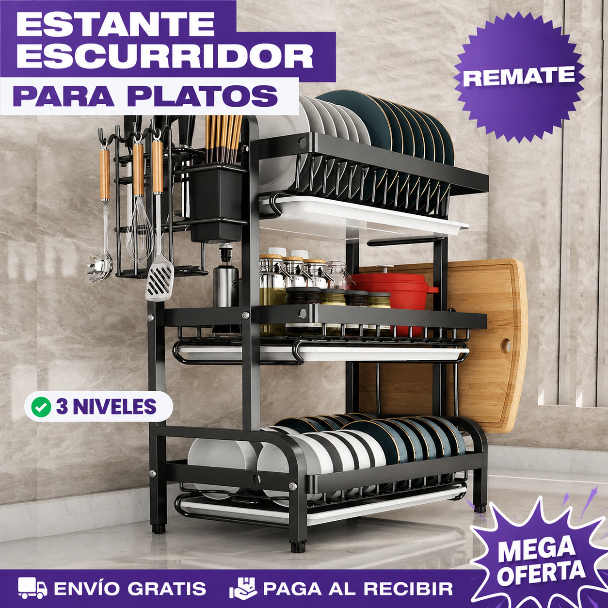 [PROMO] ESTANTE ESCURRIDOR DE COCINA 3 NIVELES